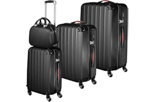 tectake® Juego de 3 Maletas Rígidas de Plástico ABS y 1 Neceser, Tamaños XL-L-M, Set Maletas Viaje con Ruedas de 360º Extraíbles, Cerradura de Combinación TSA, Asas Laterales y Asa Telescópica - negro