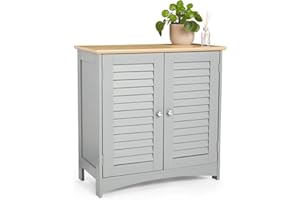 VonHaus Bathroom Storage Cabinet – Grey Bathroom Cupboard with Wood Effect Top - Freestanding Storage Cupboard with 2 Shutter Style Doors & 2 Internal Shelves - for Kitchen & Hallway – Shrewsbury