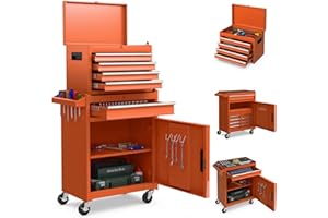 TANGZON Lockable Tool Cabinet, Rolling Tool Chest Combo with Wheels, Drawers, Hooks & Side Handle, Detachable Garage Workshop Tool Cart Trolley (without Middle Compartment, Orange)