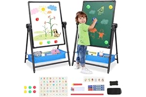 NUKIED Kids Art Easel Double Sided Iron Easel Whiteboard Chalkboard 26inch-43inch Height Adjustable 360° Rotating Easel Standing Drawing Board with Bonus Letters and Numbers(Black)