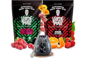 Zestaw yerba mate pobudzająca z tykwą | Yerba mate z guaraną i owocami | Verde Mate Green Energia Guarana, Raspberry Vitality | Tykwa ceramiczna | Zielona yerba mate | Naturalna kofeina | 2x500g