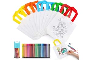 Anstore Kinder Stoffbeutel Set,12 Stück Non-Woven Tasche Zum Bemalen & 36 Farbe Buntstifte für Kindergeburtstag DIY Graffiti Taschen