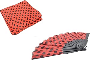 Aries Boutique Conjunto Flamenco, Pañuelo Estilo Flamenco, Y Abanico Lunares Rojos y Negros, Complementos Flamencos,