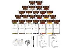 SIAZIH MRVNN 24 Botes Especias Cristal, Frascos Especiarias de 120 ml, Botes para Especias Cocina con Tapas de Madera de Acacia, 180 Etiquetas para Especias, Organizador de Especias de Cocina
