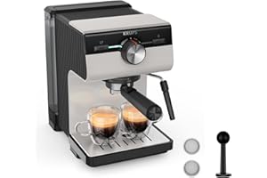 Krups Machine espresso manuelle, Qualité Barista, Espresso et Cappuccinos, Buse vapeur, Rangement des filtres inclus, Gris clair, Authentic, XP381B10
