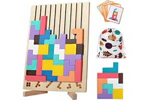 XWUX Puzzle di Legno 3D Tetris, Tetris Gioco per Bambini, Giochi Montessori, Giocattoli Educativi, Puzzle Legno di Intelligenza con 10 Carte e Borsa Portaoggetti, Regali per Bambini di 3, 4, 5 e 6 Anni