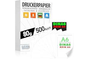 ELES VIDA Papier do drukarek, 80 g, biały, A6-500 arkuszy – 10,5 x 14,8 cm premium, czysta biel, papier do kopiowania, drukarka laserowa i atramentowa do uniwersytetu, fotografii, idealny do biura i biura