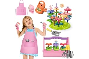deAO Zestaw zabawek do ogrodu kwiatowego dla dziewczynek w wieku 3-6 lat, narzędzia ogrodowe dla dzieci, zabawka z pudełkiem do przechowywania, doniczki na kwiaty, narzędzia ogrodowe, konewka, fartuch