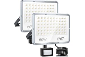 YIQIBRO Foco LED con Sensor de Movimiento 50W 2 Piezas, 5000LM 7000K Focos Exterior, IP67 Impermeable Luz LED con Sensor de Movimiento,60 LEDs Luces Exterior para Jardin Terraza Garaje Entrada