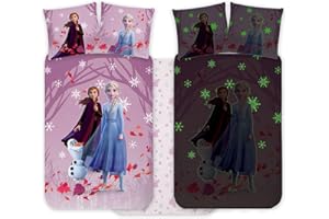 BrandMac Frozen Elsa & Anna Bettwäsche-Set für Kinderbett 100x135 cm & Kissenbezug 40x60 cm, 100% Baumwolle | nachtleuchtendes Bettbezug-Set für Kinder | Wendebettwäsche Set für Mädchen | Magisches