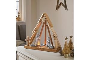 Dekoleidenschaft Weihnachtskrippe mit LED Beleuchtung, Krippenstall aus Buchenholz, Figuren aus Beton, Weihnachts-Dekoraktion, Holzkrippe