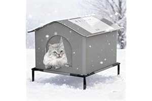 GENERICO Cuccia Gatto Esterno Sollevata 7 cm con Tetto Antineve, Casetta Isolata Termica Resistente al Freddo con Porte Chiuse e Tappetino, Letto Caldo per Gatti Randagi in Inverno (40x33x33 cm, Grigio)