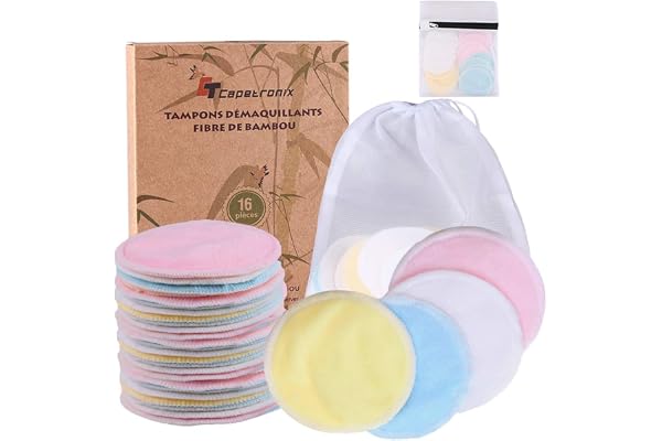 Tampons Démaquillants fibre de bambou丨disques coton demaquillant lavable丨16pcs+ 2 Sac de lavage丨Matériau en fibre de bambou souple 丨Lavable et réutilisable