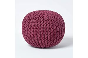 Homescapes Pouf tricoté 100% cotone Poggiapiedi Imbottito delle sfere per il salotto, la camera dei bambini o per gli anziani, cotone, Prune, 35 x 40 cm