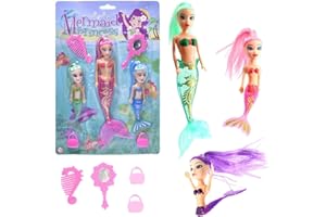 D.A.Y. REPUBLIC 7 Piece Bath Time Toy Set - 3 Mermaid Princess Dolls with Bright Long Hair and Hair Brush & Mirror Accessories, Boys and Girls Ocean Themed Waterproof Toys, Ideal for Bath, Pool Pretend Fun Play
