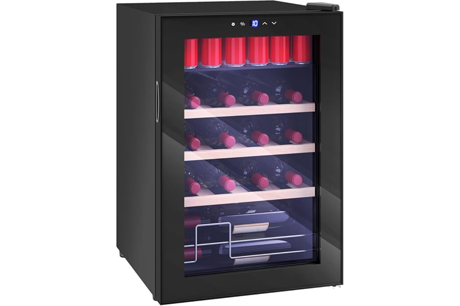 HOMCOM Refrigerated Wine Cellar, 12 Bottles, 53L Silent Wine Cellar, Adjustable Temperature 5-18 ° C Fridge Wine Bar with Anti-UV Glass, Shelves, Compressor, Touch Display, LED Lights, Class G
