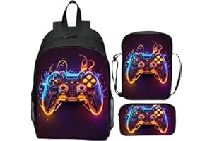 GENERIC Gaming Backpack for Boys, Waterproof Lightweight 3-Piece School Bag Set with Lunch Bag & Pencil Case, Large Capacity School Bag for Kids 6-14 Years, Perfect for Elementary (game007, Black)