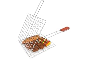 TIJAR® BBQ Grill Basket, Folding Grill Basket with Long Handle, Grids & Grates, Reusable Steel, Strong Fish Grill Basket, Perfect for Grilling Vegetables, Steaks, Shrimp, Sausages (1)
