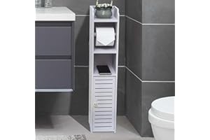 YUET Floor Cabinet, FreeStanding White PVC Toilet Paper Holder with Shelf, Bathroom Storage Tissue Organizer, Column with Toilet Roll Holder Dispensers Cupboard Free Standing (TSC09)