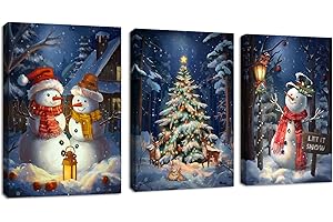 FAJERMINART 3 Pcs Blue Christmas Ambience Snow Scene Canvas Wall Art Cute Snowman Moose Lighting Nightscape Pictures Canvas Print Paintings for Living Room Bedroom Office Ready To Hang Stretched On Frame 30x40x3