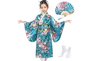 KRUIHAN Japońskie kimono dziecięce, tradycyjny japoński styl, Sakura, Yukata, sukienka dla dziewczynek, imitacja jedwabiu, satyny, kimono, dla dziewcząt, kostium cosplay, sukienka na imprezę, z zakładkami i skarpetami tabi