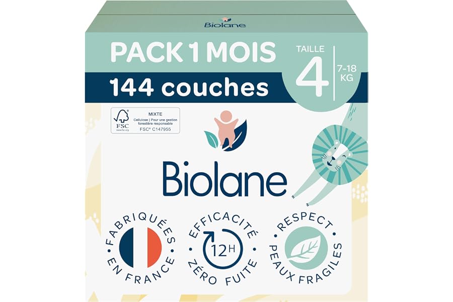 BIOLANE - Couches Bébé Taille 4 (7-18 kg) - Pack 1 Mois - 144 Couches | Peaux Sensibles, Ultra-Absorbant, Jusqu'à 12h au Sec,