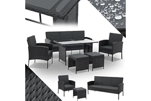 Juskys Salon de Jardin en rotin synthétique Turin - Ensemble 6 pièces - 7 Personnes - Meubles d'extérieur avec fauteuils, Table & Coussins - Noir