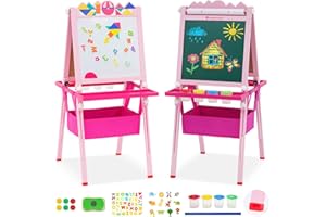 ‎FORROBY Kinder Spiel-Tafel aus Holz| Doppelseitige Kindertafel mit Tangram-Puzzle, Höhenverstellbar mit mit Papierrolle, Kreidetafel, Whiteboard, 4 kleinen Schüsseln und anderem reichhaltigem Zubehör