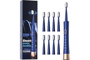 AJELU IPX7 Waterproof Sonicare Electric Toothbrush, 2-Hour Fast Charge with Intelligent Time Reminder, 5 Modes, 8 Brush Heads, Travel, Indoor, Outdoor, Blue