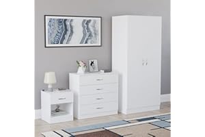 Vida Designs Riano 3 Piece Bedroom Furniture Set - 1 Drawer Bedside Chest, 4 Drawer Chest, 2 Door Wardrobe - White