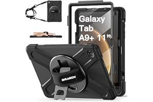 BRAECN Samsung Galaxy Tab A9+ Case 11 Inch (SM-X210/SM-X216/SM-X218), Heavy Duty Shockproof Sturdy Cover with Screen Protector, 360° Rotating Hand Strap & Kickstand, Shoulder Strap, Black