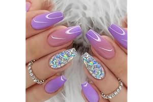 TMUT 24pcs Medium Coffin False Nails Purple Gradient Stick on Nails Glitter Silver Press on Nails Removable Glue-on Nails Full Cover Fake Nails Women Girls Nail Art Accessories