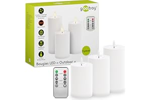 goobay 64786 Lot de 3 bougies LED avec télécommande/Bougies électriques d'extérieur/Flamme vacillante réaliste/Décoration LED/Fonction minuterie/Bougies LED sans flamme, Blanc