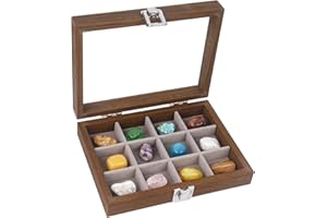 Dmnnlp 12 Grids Rock Display Case, hölzerne Rock Sammlung Box mit klarem Glasdeckel, Lagerung Display-Boxen für Sammlerstücke Edelstein Fossil Crystal Stone Jewellery (Hellbraun)