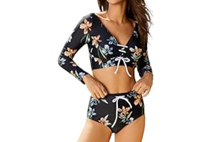 FEOYA Women Two Piece Rash Guard Long Sleeve Round Neck Swim Shirt with High Waisted Bottom Ladies Beach Surfing Summer Vacation Set