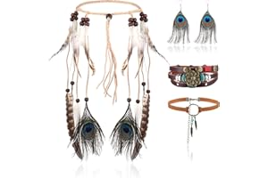 LOLIAS 4 Pièces Coiffe Indienne Ensemble Collier Cuir Boucles d'oreilles Plumes pour Femmes Bracelet Fait Main Vintage Boho Hippie Tribal Thème Fête Carnaval Bijoux
