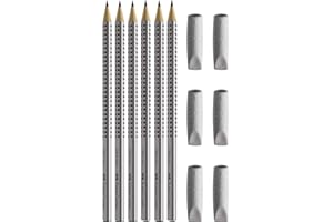 Faber-Castell Grip 2001 Lápices en paquete de 6, dureza: HB, color del cuerpo: tono plateado, plata HB + extremo con goma de borrar, 1