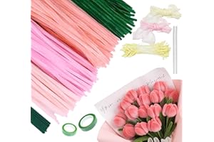 Homewit Rosa Tulip Pfeifenreiniger Blumen Set, 400 Stück Pfeifenputzer zum Basteln 4 Farben Pipe Cleaner mit Floristenband, Blumendraht, Klebeband, DIY Blumenstrauß (Hellrosa, Blassrosa, Grün)