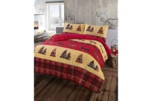 L S U XMAS Stag Tartan Thermal Flannel Duvet Cover Set Brushed Cotton All British Size (Red, King)