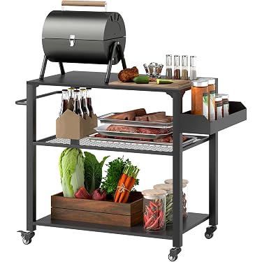 Chariot Barbecue PIZZELLO 3 Étagères - 95x62x80cm, Métal, Roues, Porte-Épices, Pour Grill Extérieur