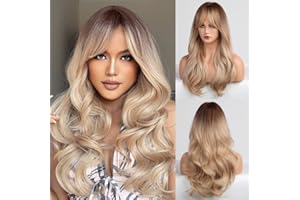 HAIRCUBE Pelucas largas rubias para mujer Peluca ondulada rizada con flequillo raíces marrones naturales pelucas sintéticas para uso diario Cosplay