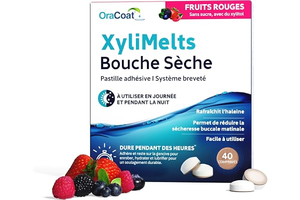 Xylimelts : Bouche Sèche 40 Pastilles Adhérentes Fruits Rouges| Soulage la Sécheresse Buccale Jour & Nuit| Action Jusqu’à 8h| Sans Sucre, au Xylitol| Discret & Naturel| Testé Cliniquement