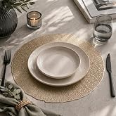 Deconox 6'lı Plastik Amerikan Servis Seti, Yuvarlak 38 cm Gold Yaprak Desenli Supla, Yıkanabilir Silinebilir Tabak Altlığı, Y