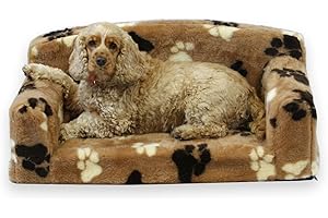 PET BEDS DIRECT Fur Paws – Faux Fur Pet Sofa. Nice Pet Settee. Very Soft Dog bed. Removable cover for animal Couch. Inner material is high grade foam. UK MANUFACTURER (Brown with paws, Small 82 x 46 x 34cm)