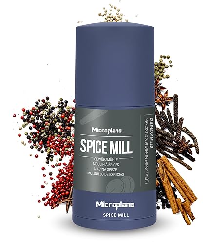 Microplane Kruidenmolen 2-in-1, denim blauw, handmatige molen met vlijmscherp roestvrijstalen lemmet, raspt nootmuskaat, kaneel, tonkaboon, langepeper, noten en meer