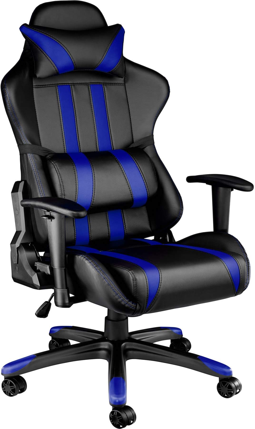 TecTakeGaming Chair with Lumbar Support, Adjustable Height, Armrests and Reclining Backrest, 360° Swivel, Extra Padding, Steel Frame - Racing, Ergonomic Office Chair, PU Leather - black/blue