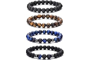 RANKEEF Bracelet œil de tigre pour hommes, ensemble de bracelets de perles en pierre naturelle de 8MM, bracelets extensibles en pierre de lave, réglables, en perles de cristal noir, cadeaux pour hommes