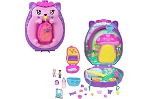 Polly Pocket 2-i-1 igelkottsmamma & baby bärbart kompaktset | Handväskeinspirerat lekset med djurtema, 2 mikrodockor och 16 tillbehör, JBJ91