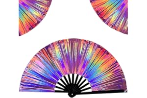 YAMOBI duży składany wachlarz ręczny rave, 1 sztuka, holograficzne kolory laserowe, idealny na festiwale, imprezy, dyskoteki, do dekoracji domu