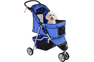 PawHut Dog Stroller, 3 Wheels Foldable Cat Dog Pram with Cup Holder, Storage Basket, Pet Stroller for Small Miniature Dogs, Blue